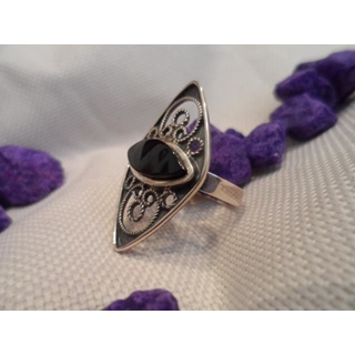 Anillo Plata y Azabache en rombo con azabache cruzado - Imagen 2