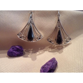 Pendiente Plata y Azabache, azabache en lágrima con cuatro racimos - Imagen 1